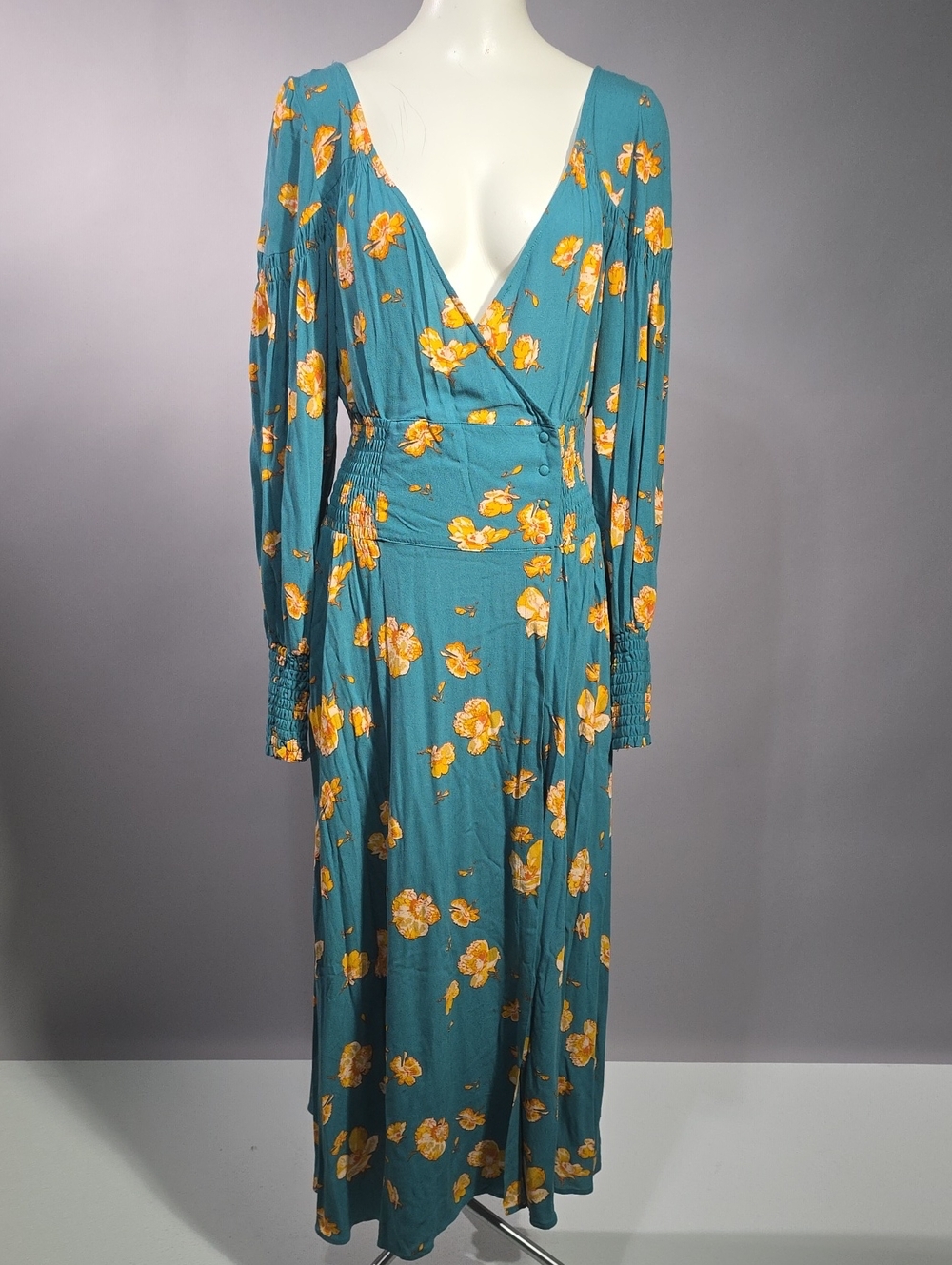 Free People Teal Floral Wrap Maxi Dress R14